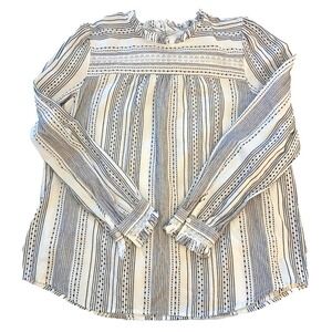 LOFT Dobby Stripe Lace Peasant Top Sz M/L White Black Cotton Boho Romantic
